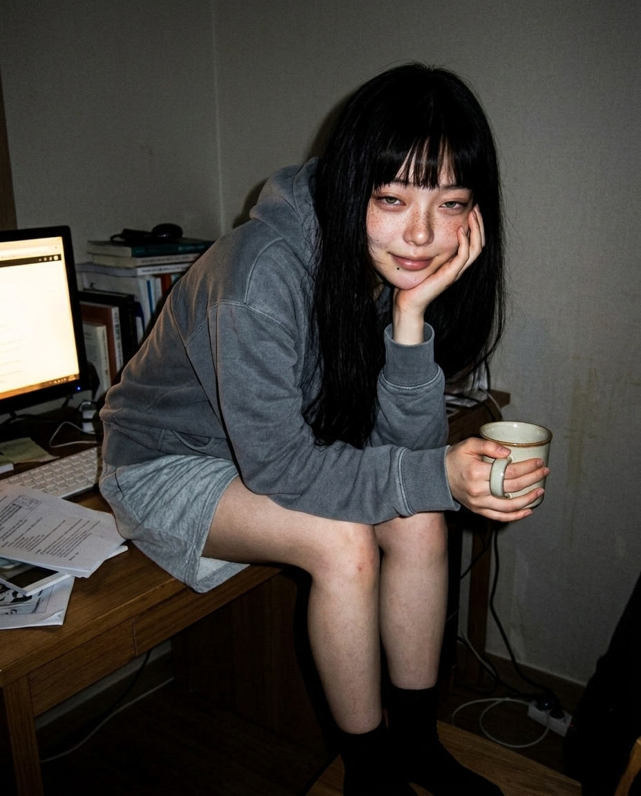 후드티 입은 새벽이 책상에 턱 괴고 모니터 빛 받으며 카메라 보는 컷