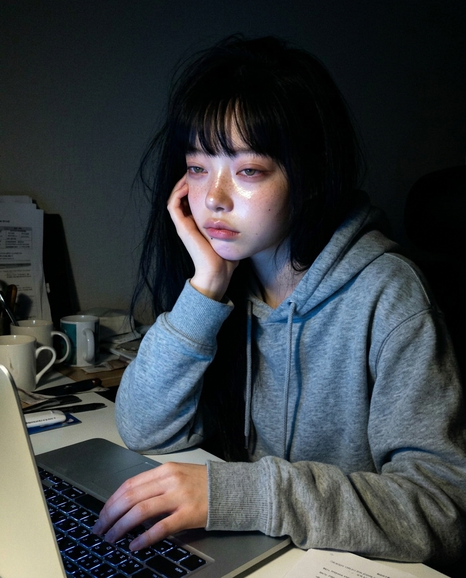 푸른 LED 빛 받는 졸린 얼굴 미디엄 클로즈업