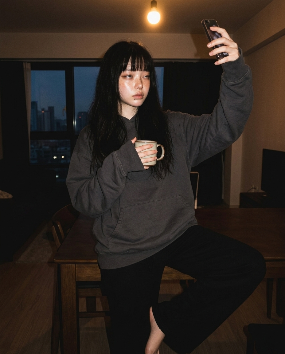 창백한 피부 주근깨 졸린 눈 새벽 네 시 부엌 식탁 옆에 서서 따뜻한 머그를 가슴에 안고 폰으로 셀카 찍는 컷, 위에서 살짝 내려보는 앵글, 따뜻한 2700K 단일 전구