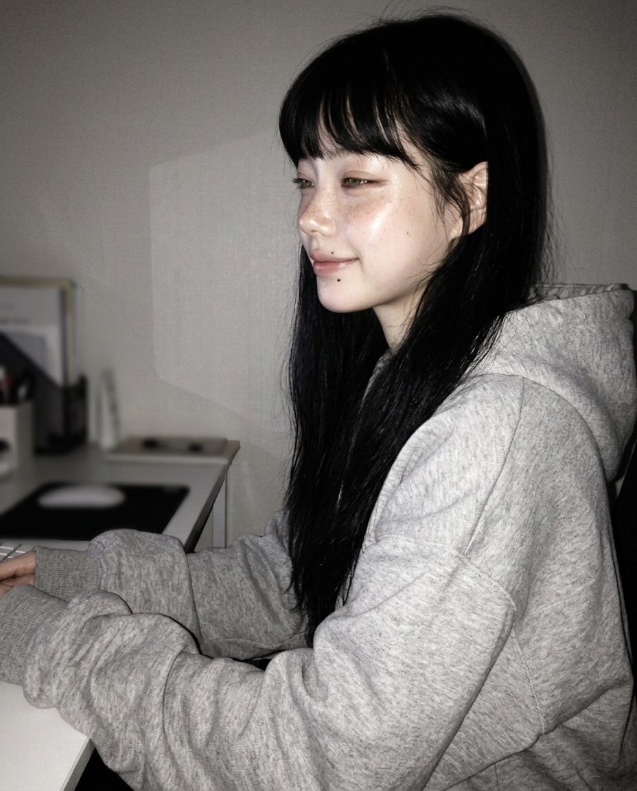 옆얼굴, 회색 후드 입고 책상 모서리에 비스듬히 앉아 머그를 들고 어깨 너머 모니터를 보는 모습