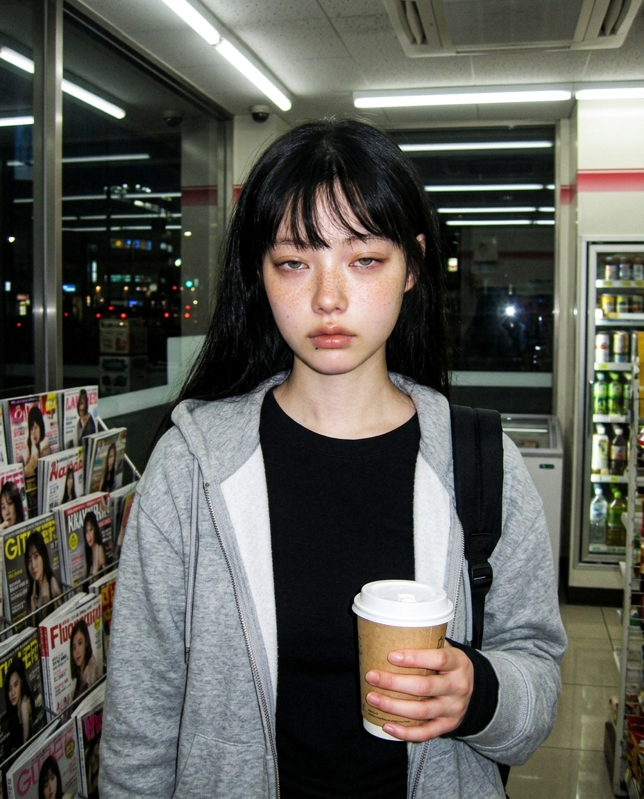 회색 후드 집업의 단발 인물이 편의점 잡지 코너 앞에서 무심한 표정으로 정면을 바라보는 chest-up 사진