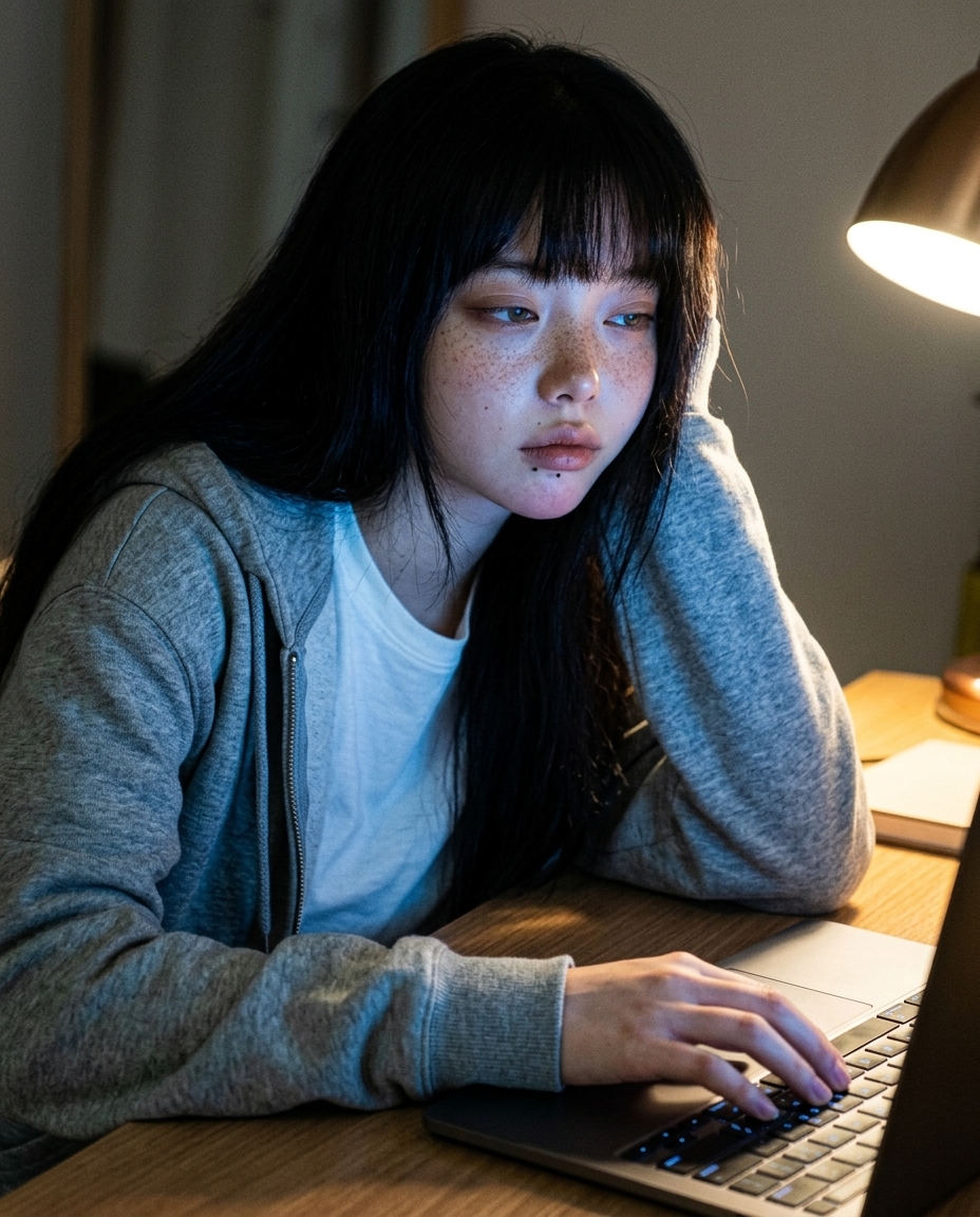 회색 후드 집업의 짧은 단발 여성이 어두운 방 책상에 앉아 노트북 푸른 빛에 얼굴 한쪽이 비친다, chest-up