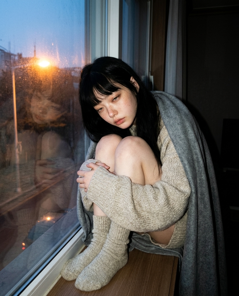 담요를 두르고 어두운 방 창가에 앉아 동트기 직전 주황 가로등빛과 푸른 새벽빛을 받는 새벽이