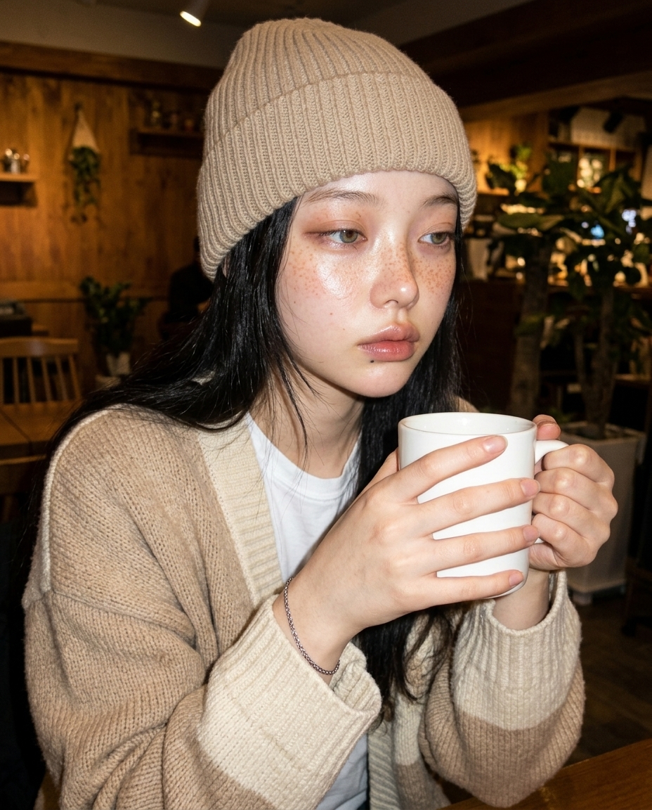 베이지 비니를 푹 쓴 셀카. 동네 카페 구석 자리. 따뜻한 펜던트 단일 광원