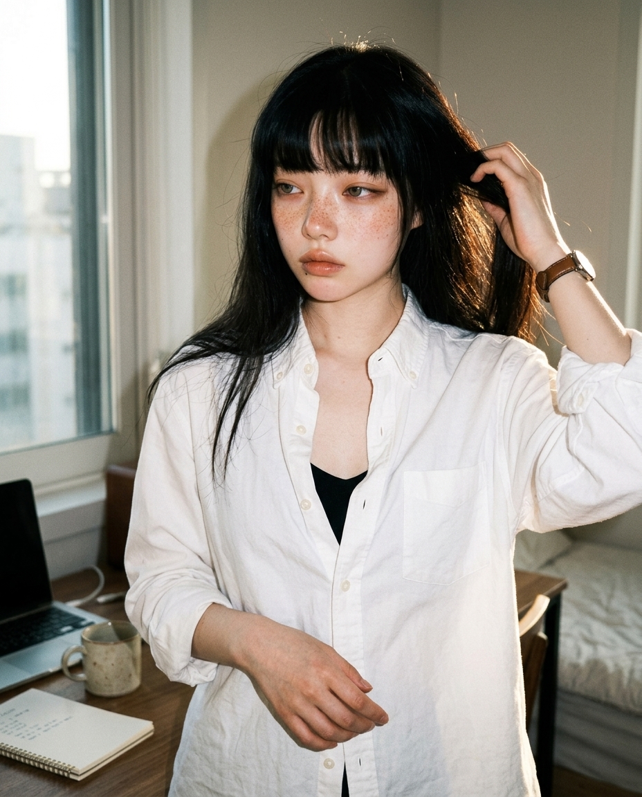 창가 책상에 햇빛 받으며 머리카락 정리하는 새벽