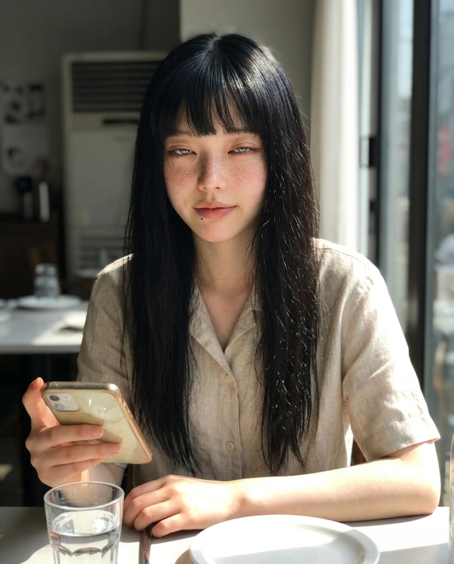 창가 작은 식탁에 앉은 새벽, 정오의 강한 직사광에 한쪽 뺨이 밝게 빛나고 눈을 반쯤 감은 채 카메라를 본다