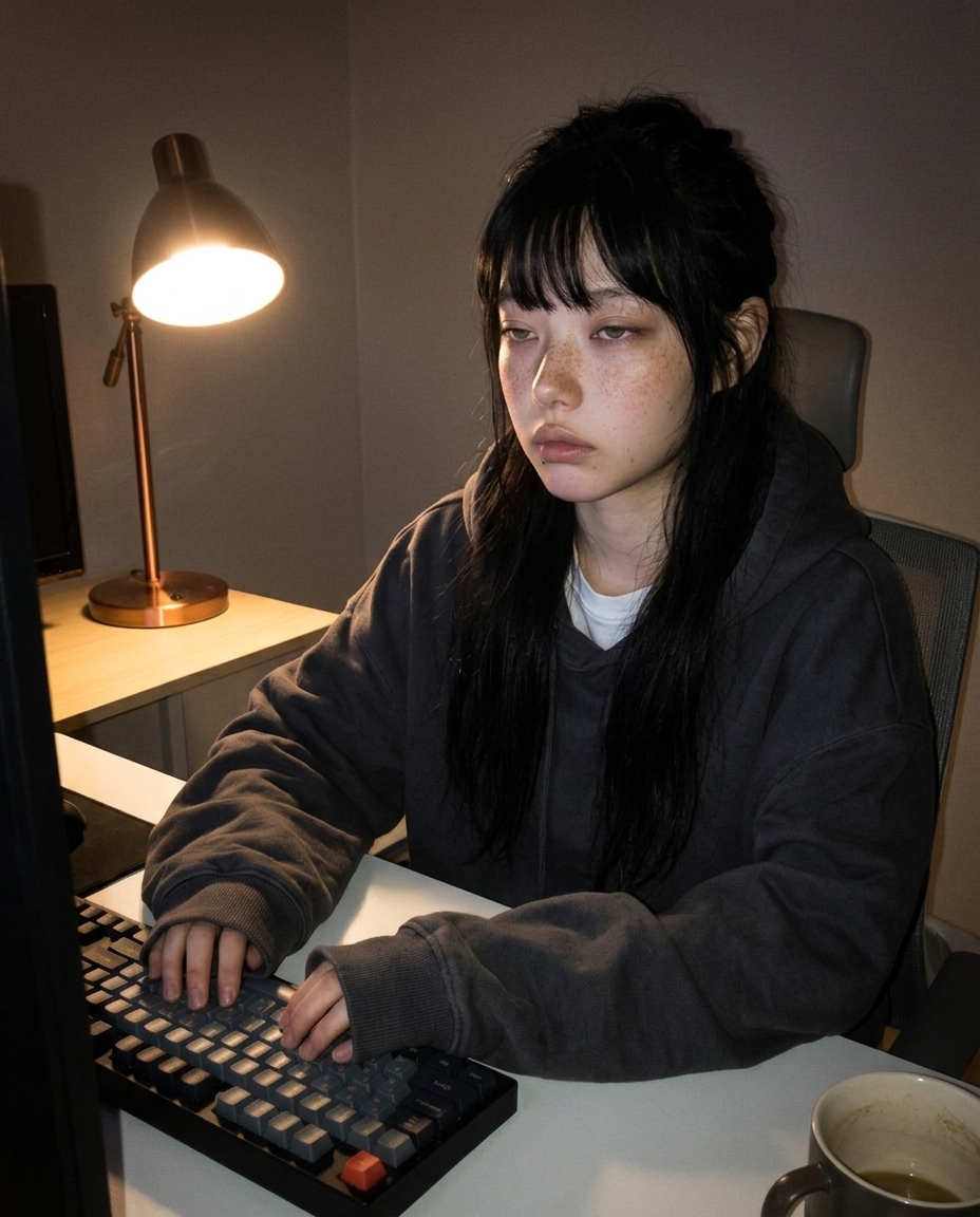 어두운 방에서 책상 스탠드 빛을 한쪽 뺨에 받으며 후드 입고 노트북 앞에 앉아 카메라 보는 셀카