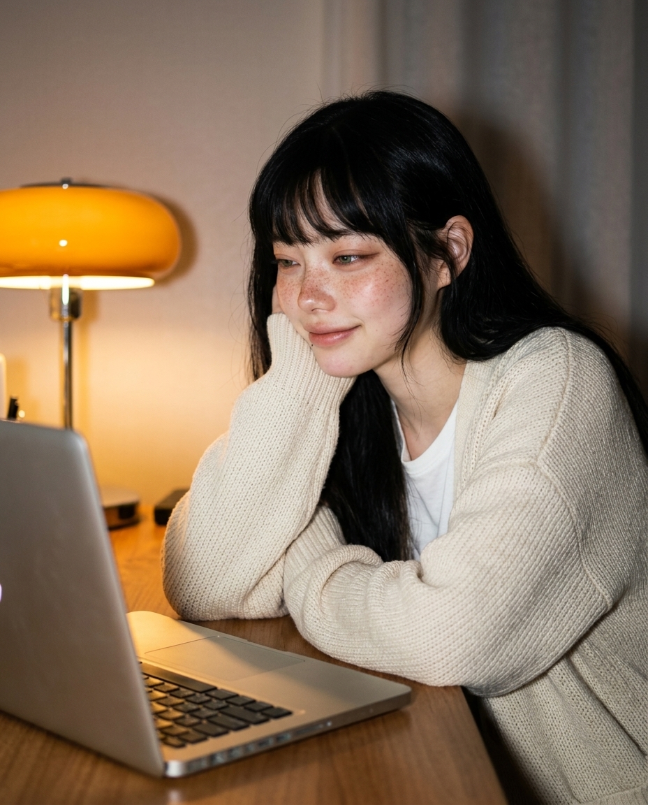 따뜻한 책상 스탠드 불빛 아래 부스스한 머리로 책상에 기대 졸린 미소를 짓는 새벽