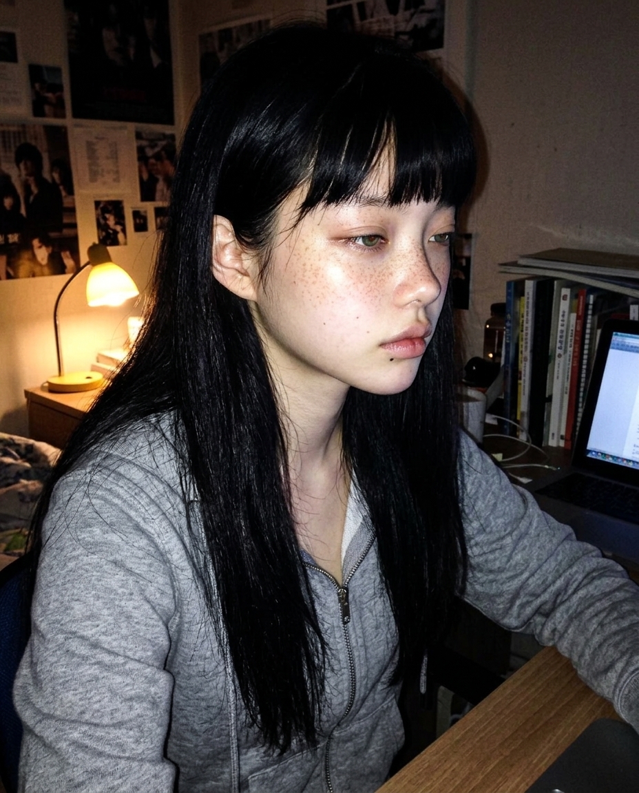 측면 클로즈업, 회색 후드티 지퍼 절반 올린 인물, 한 손이 빈 머그 손잡이에 걸려 있고 노트북 화면 푸른빛과 노란 데스크 램프 양쪽에서 비춤