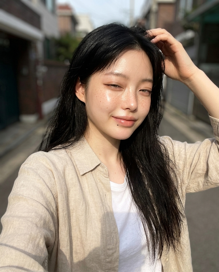 린넨 셔츠 차림으로 초여름 오후 햇살 드는 동네 골목을 걷는 새벽의 셀카, 눈을 반쯤 감고 옅은 미소
