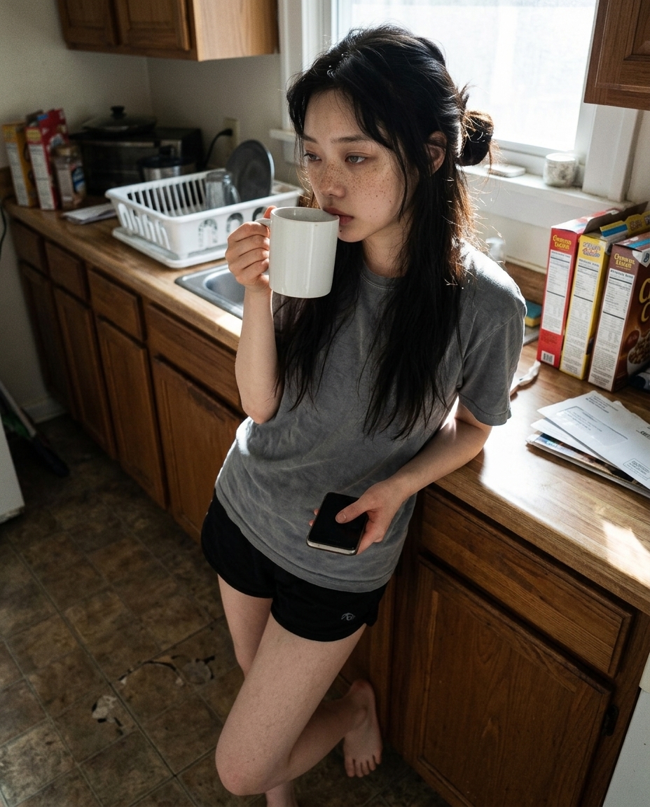 좁은 부엌 카운터 앞 머그컵 양손에 감싸쥔 채 비스듬한 햇살 받는 셀카
