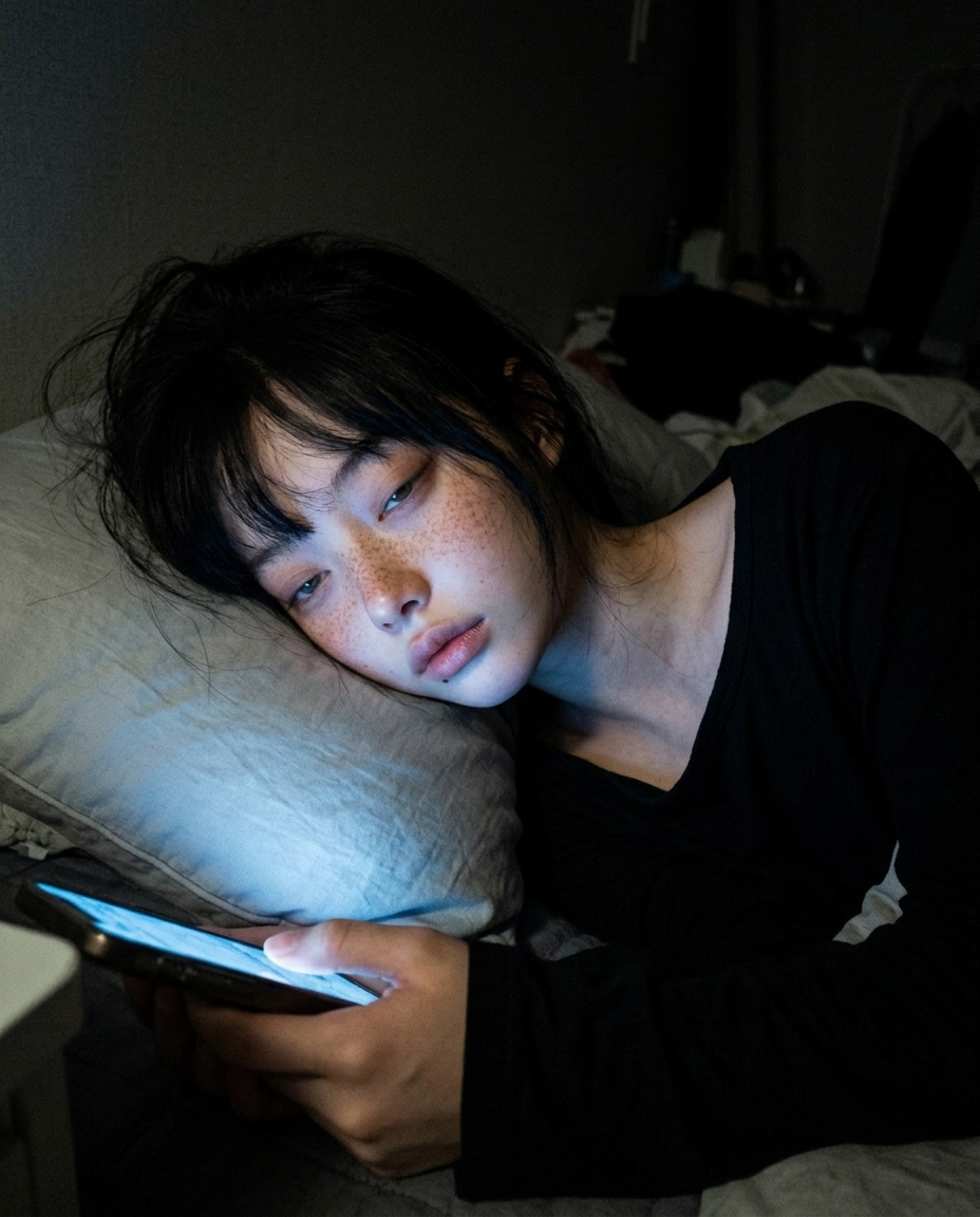 어두운 방 침대 머리맡에 기댄 새벽, 폰 화면 차가운 불빛만 얼굴 아래서 비춰 주근깨가 도드라지고 반쯤 감긴 졸린 눈