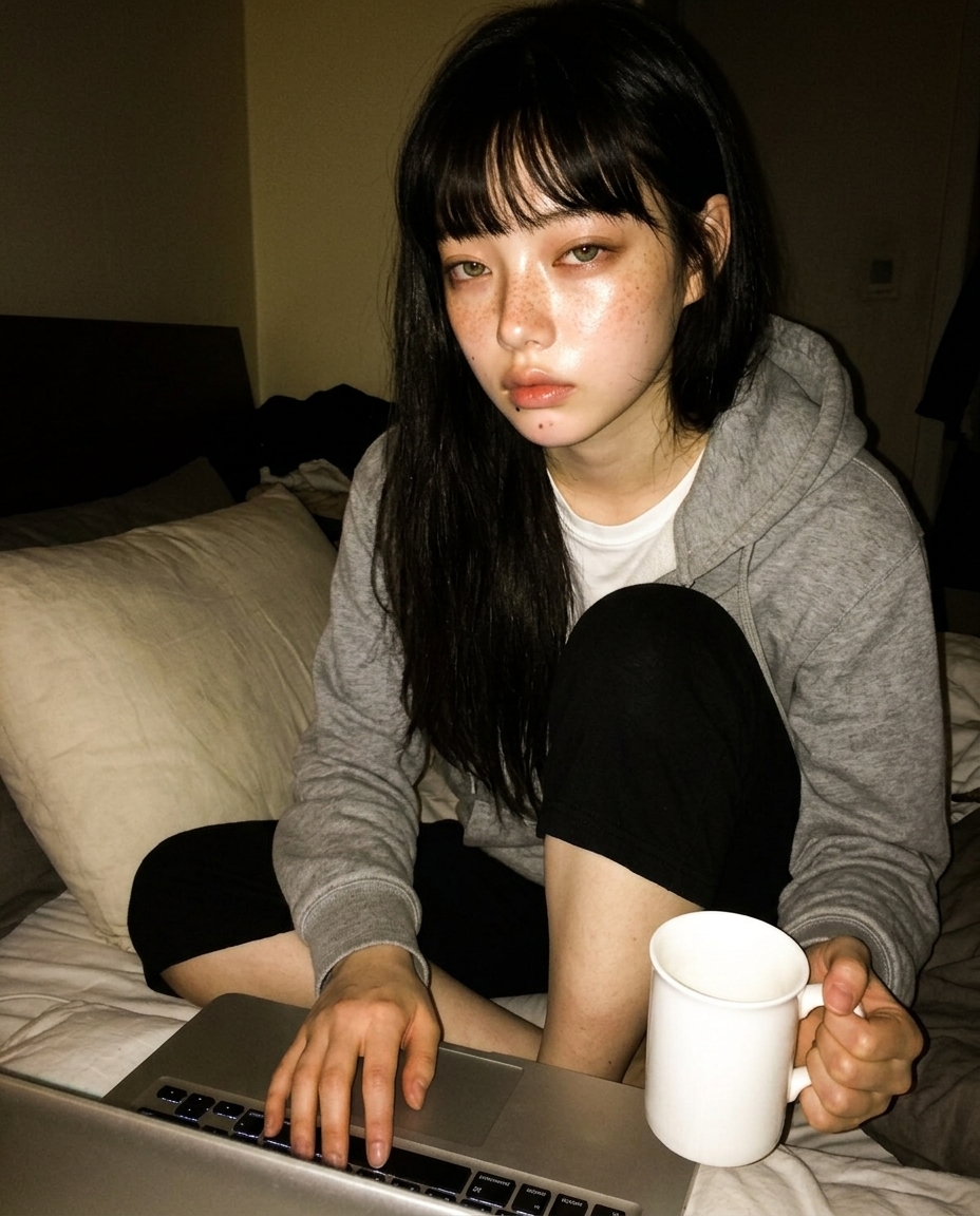 회색 후드티 입은 새벽이 침대 머리맡 베개에 등 기대고 무릎 위 노트북. 노란 데스크 램프 한쪽 면만 비춤