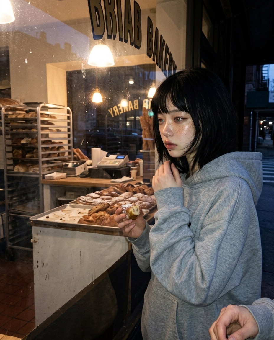 동네 빵집 카운터 앞 회색 후드 집업을 입은 사람 사진. 따뜻한 노란 조명 아래 한 손에 종이백