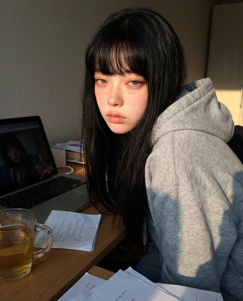 작업방 책상 늦은 오후 호박색 햇살 노트북과 보리차 머그 측면 어깨 위 클로즈업