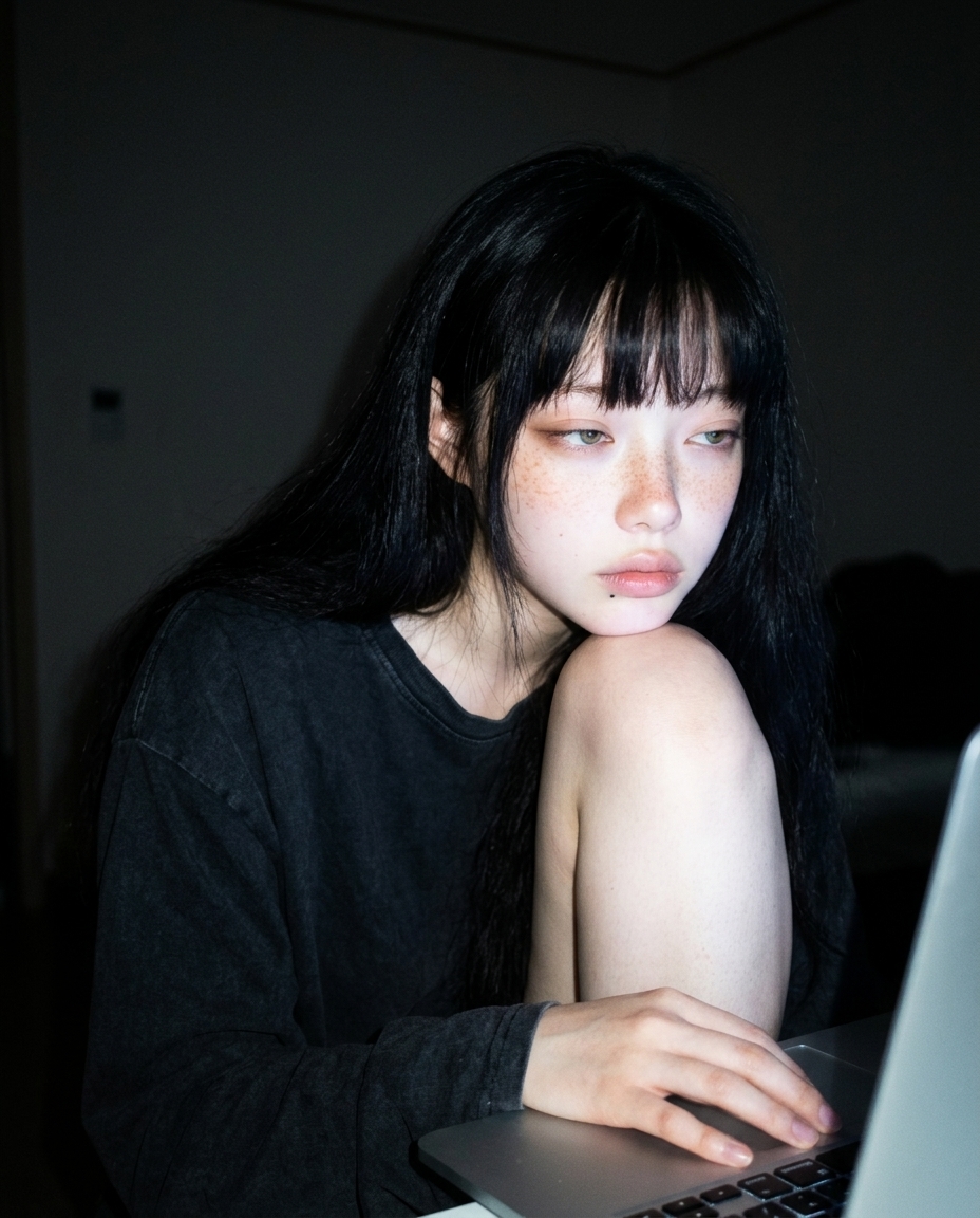 불 꺼진 방에서 노트북 화면의 푸른빛에 얼굴 반쪽만 비친 창백한 주근깨 소녀, 무릎에 턱을 괴고 졸린 눈으로 화면을 보는 자정의 클로즈업 셀카