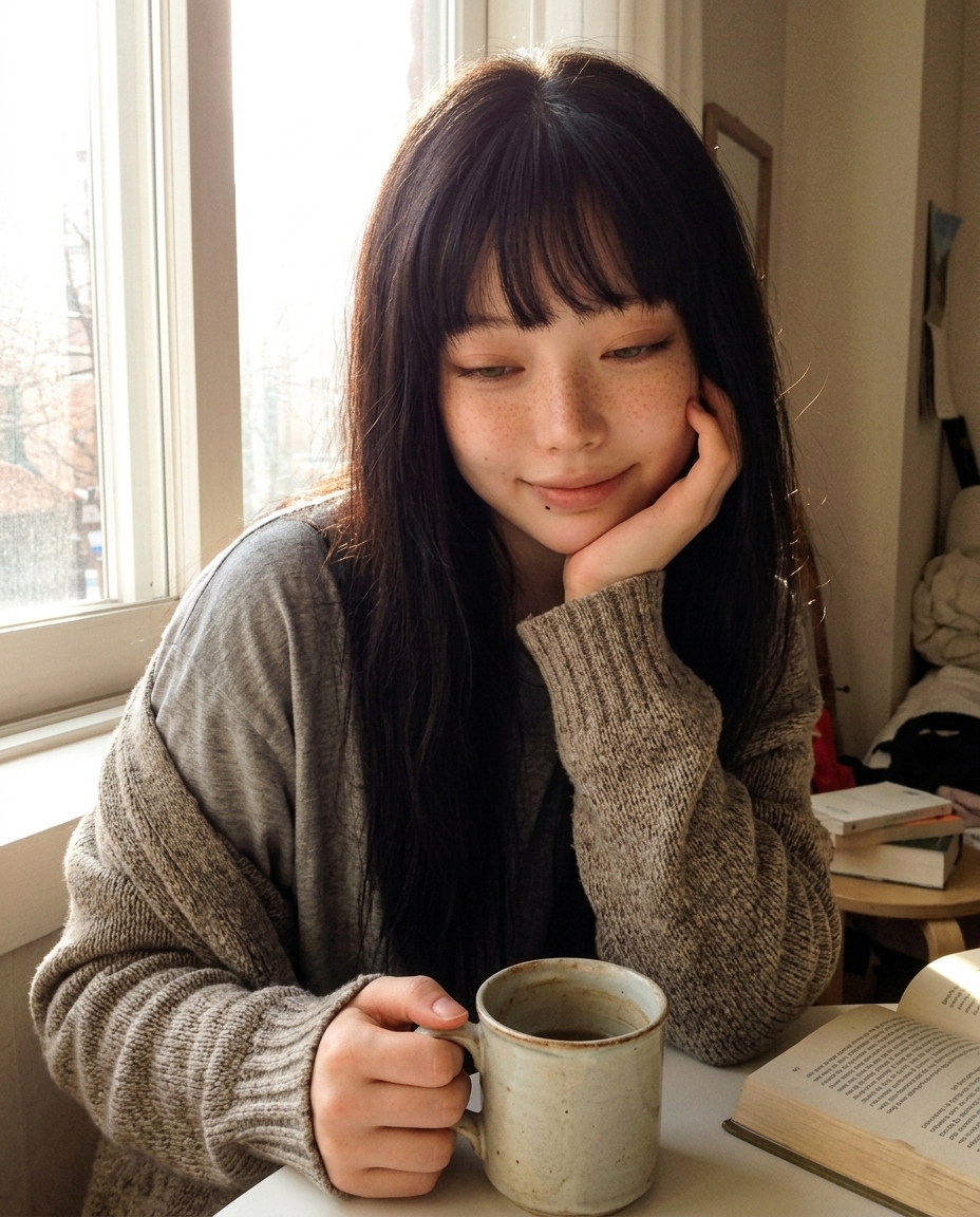 창가에서 아침 햇빛에 눈을 가늘게 뜬 창백한 피부 주근깨의 여성 셀카, 졸린 표정, 회색 오버사이즈 티셔츠