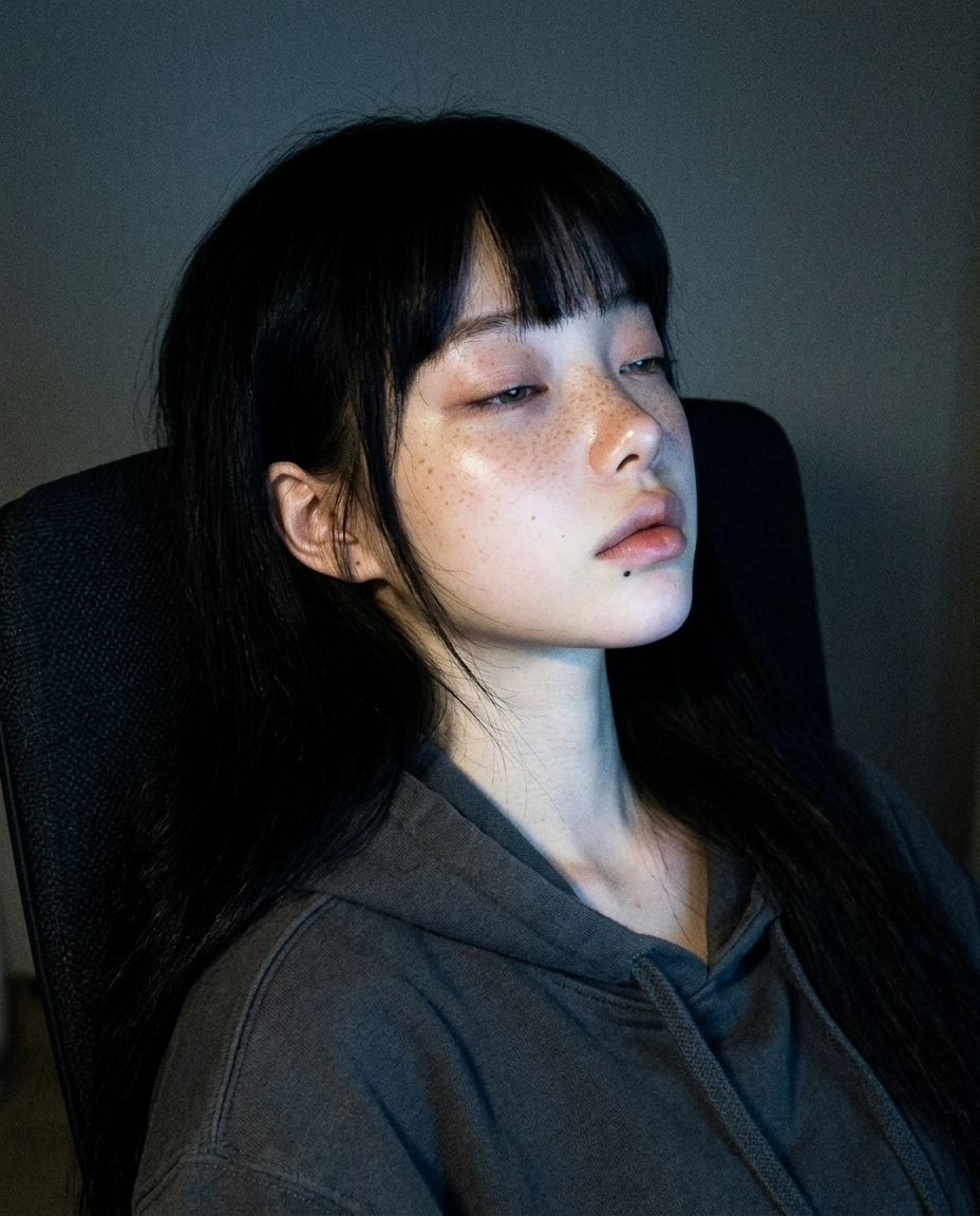 회색 후드티를 입고 의자 등받이에 깊이 기댄 인물의 측면 4분의 3 클로즈업, 노트북 푸른빛이 얼굴 한쪽 가장자리만 비추는 새벽 작업방