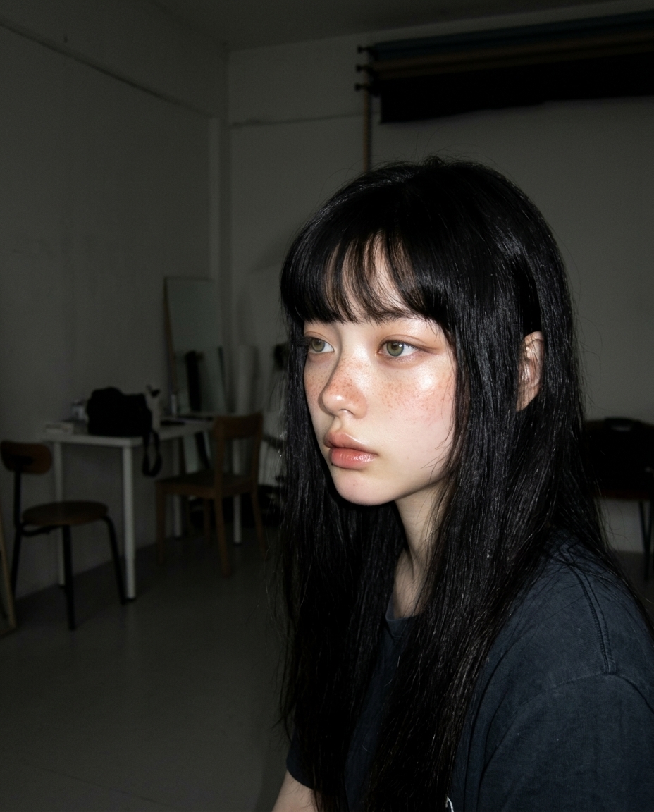 창백한 피부에 주근깨, 졸린 눈의 새벽이 어두운 방에서 물 한 잔 들고 카메라 옆을 바라보는 새벽 셀피
