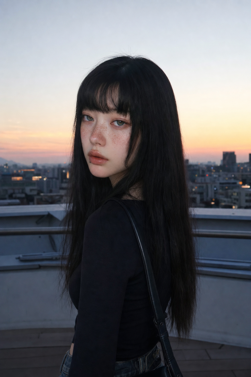 옥상 난간 앞, 해질녘 도시 배경, 검은 긴머리에 검은 상의