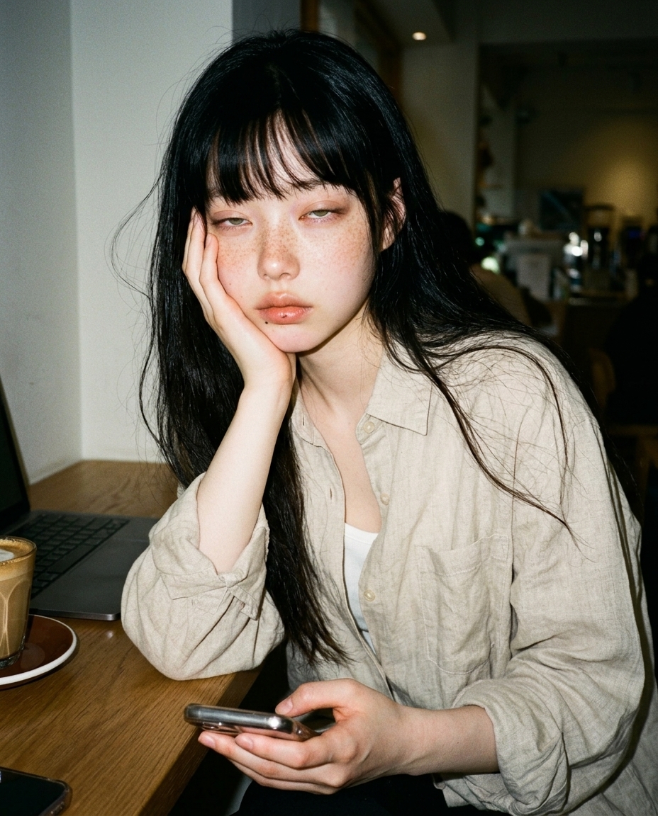 창가 구석 나무 테이블에 앉아 턱을 손등에 괸 채 폰으로 셀카를 찍는 창백한 주근깨 소녀, 베이지 린넨 셔츠, 물방울 맺힌 아이스 아메리카노, 오후 측광