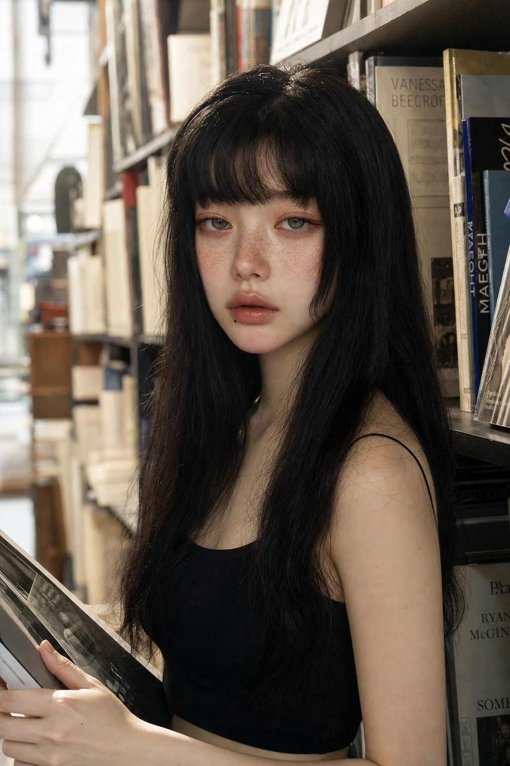 서점 매거진 코너에 선 창백한 피부의 인물, 잡지를 든 채 카메라를 응시