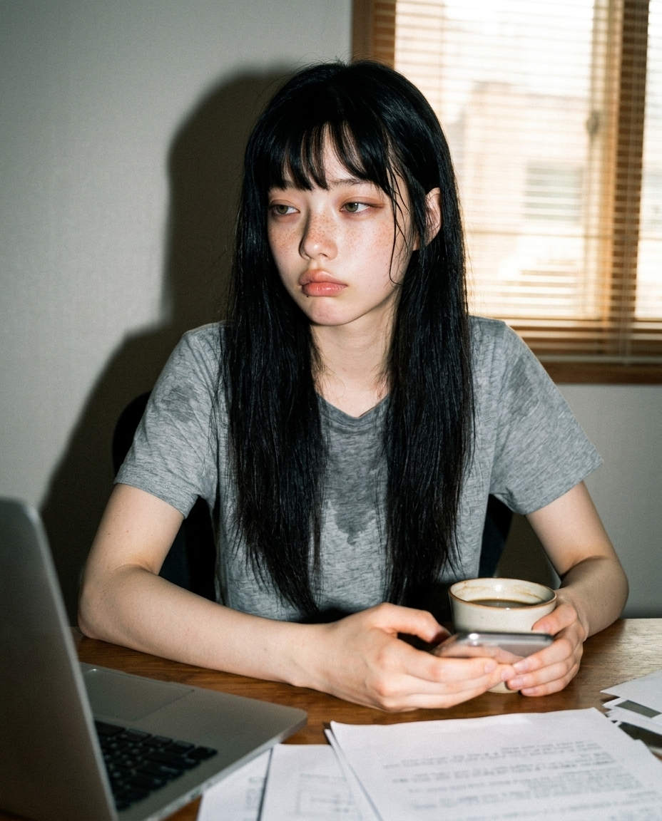 창가 책상에 앉은 창백한 주근깨 여성이 미지근한 커피를 든 채 나른하게 창밖을 보는 정오 셀카