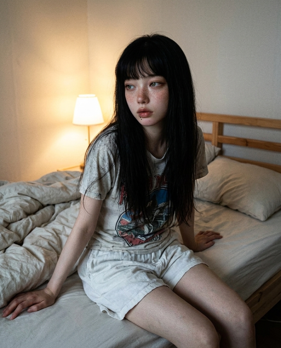 어두운 방에서 오렌지색 무드등 아래 침대 가장자리에 걸터앉아 카메라를 보는 창백한 피부에 주근깨가 있는 졸린 눈의 여성 셀피