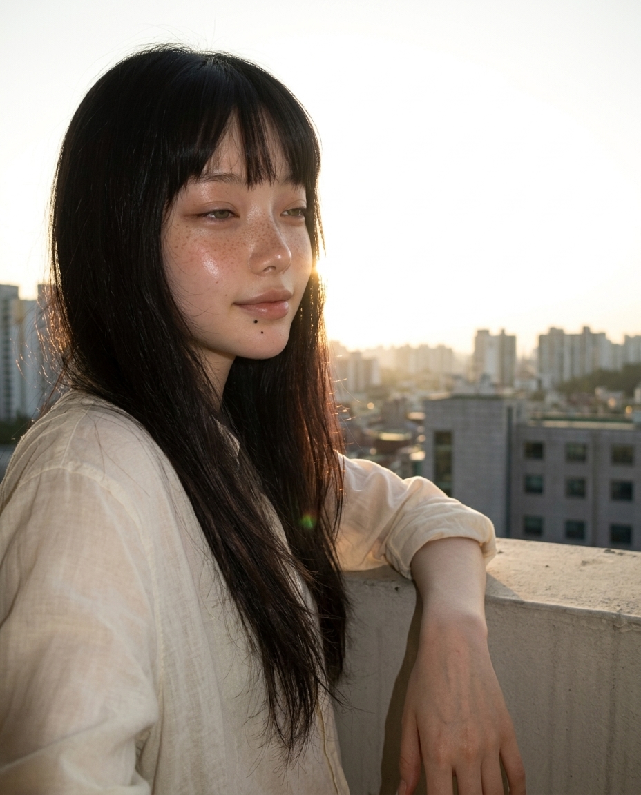 창백한 피부에 주근깨, 졸린 눈의 여성이 초여름 해질녘 옥상 난간에 기대 있다. 따뜻한 사광이 얼굴을 스치고 뒤로 노을 진 도시 스카이라인이 흐리게 보인다.