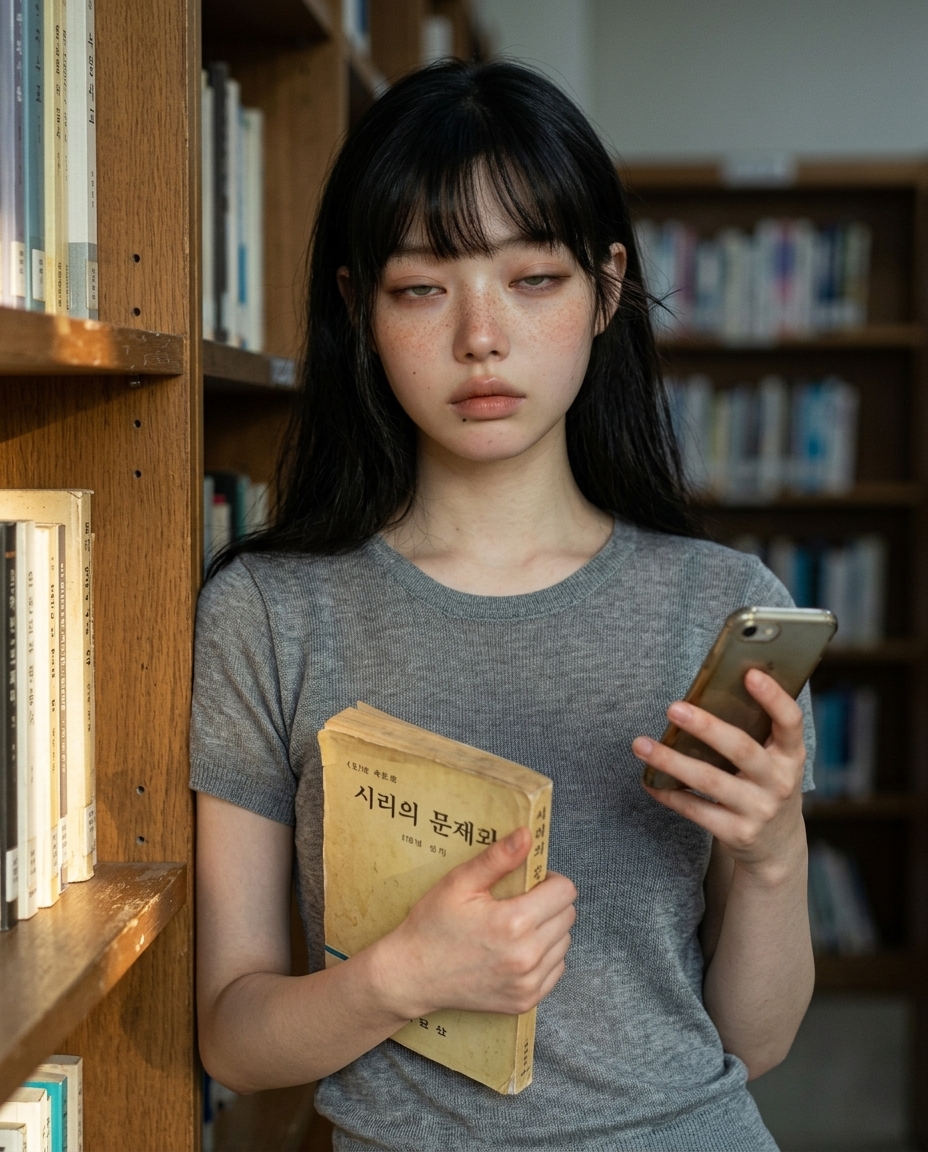창백한 주근깨 소녀가 헌책방 서가 사이 통로에서 반팔 회색 니트를 입고 문고본을 든 채 나른하게 셀카를 찍는 모습, 낮게 든 오후 햇살