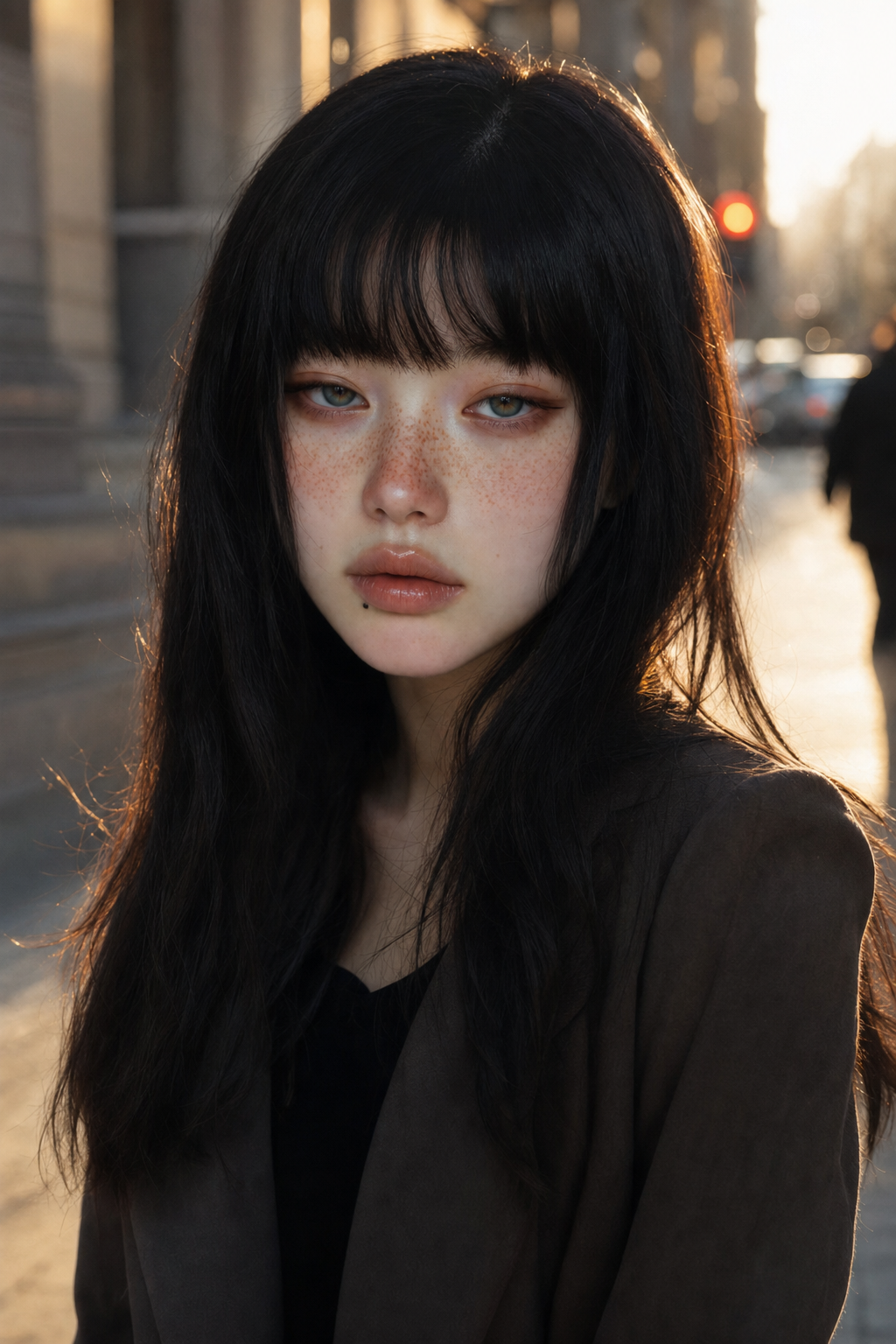 golden hour 아침 거리, 창백한 피부에 주근깨, 검은 단발, 낮게 깔린 주황빛과 멀리 빨간 신호등