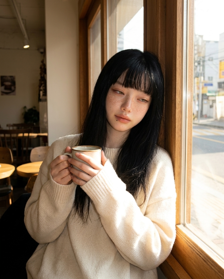 창 넓은 카페 구석 자리에서 아침볕을 받으며 두 손으로 커피잔을 쥔 창백한 피부에 주근깨, 졸린 눈의 여성