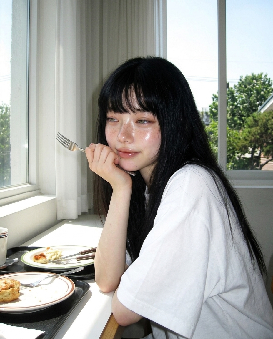 창가 식탁에서 정오 햇살 받으며 점심 앞에 앉은 새벽, 흰 반팔 티, 나른한 표정