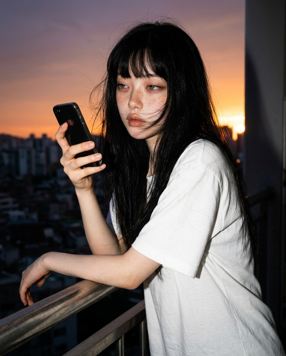 초여름 저녁 옥탑 난간에 팔을 얹고 노을 지는 하늘을 배경으로 선 창백한 주근깨 소녀의 반신 셀카