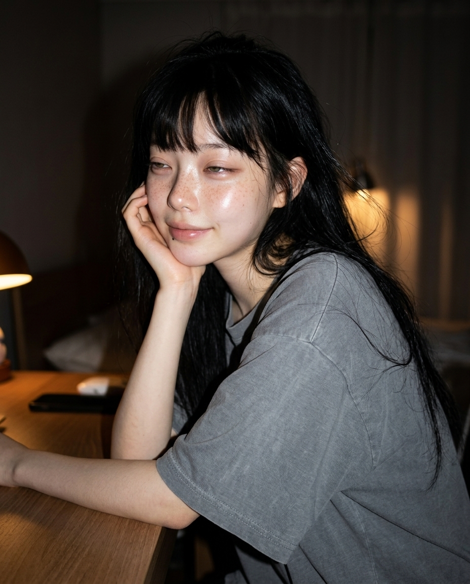 창백한 주근깨 피부의 새벽이 밤 방 안 데스크 스탠드 따뜻한 조명 아래 턱을 괴고 나른하게 찍은 셀카