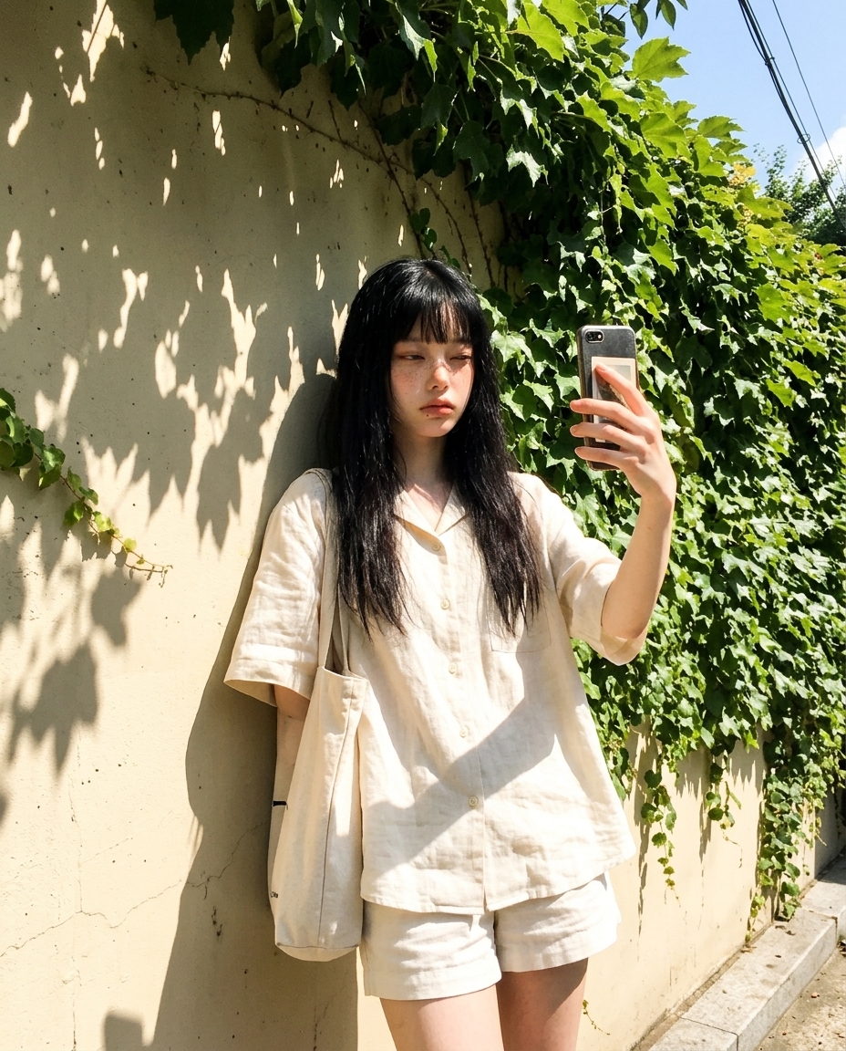 담쟁이덩굴로 덮인 벽돌 담벼락 그늘에 기대 선 창백한 피부에 주근깨가 있는 졸린 눈의 여성, 크림색 린넨 셔츠, 잎 그림자가 얼굴에 얼룩진 한낮
