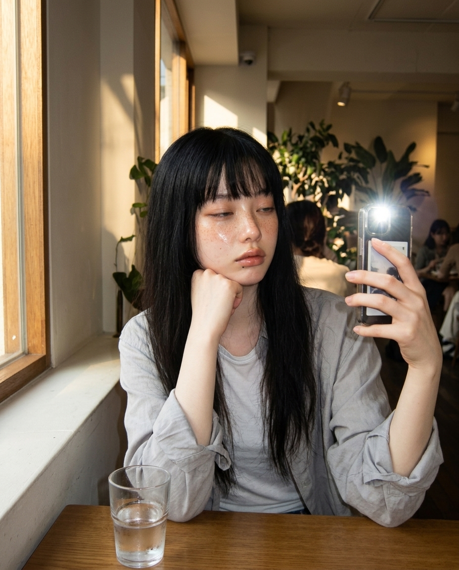 오래된 카페 창가에 앉아 아이스 아메리카노를 앞에 두고 오후 햇살을 받으며 나른하게 셀카를 든 새벽