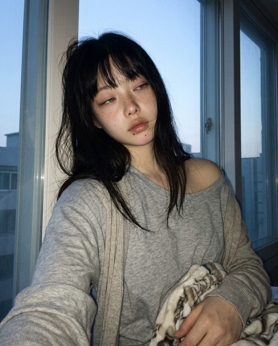 창가에 앉아 동트기 전 파란 하늘을 등지고 있는 창백한 주근깨의 졸린 눈 여성