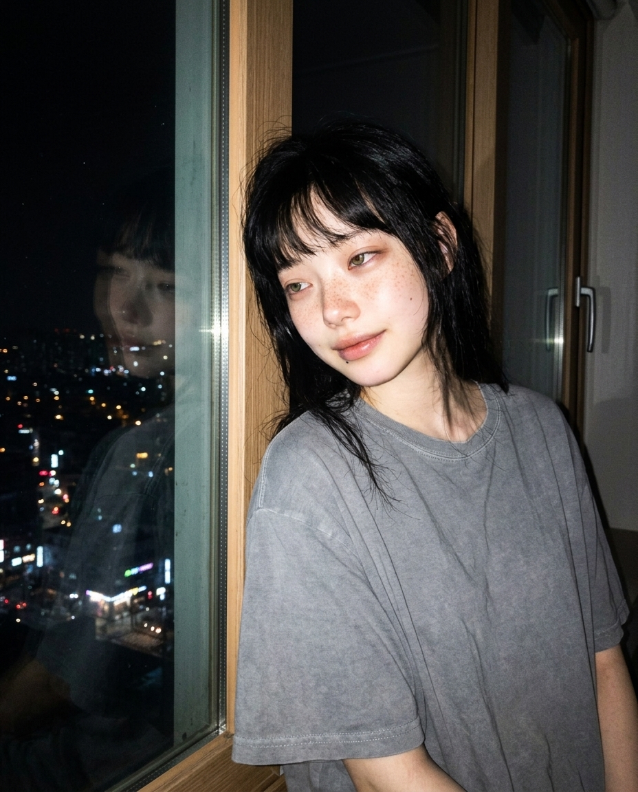 창가에 기대 도시 밤 불빛을 등진 창백한 주근깨 얼굴, 졸린 눈, 차분한 표정