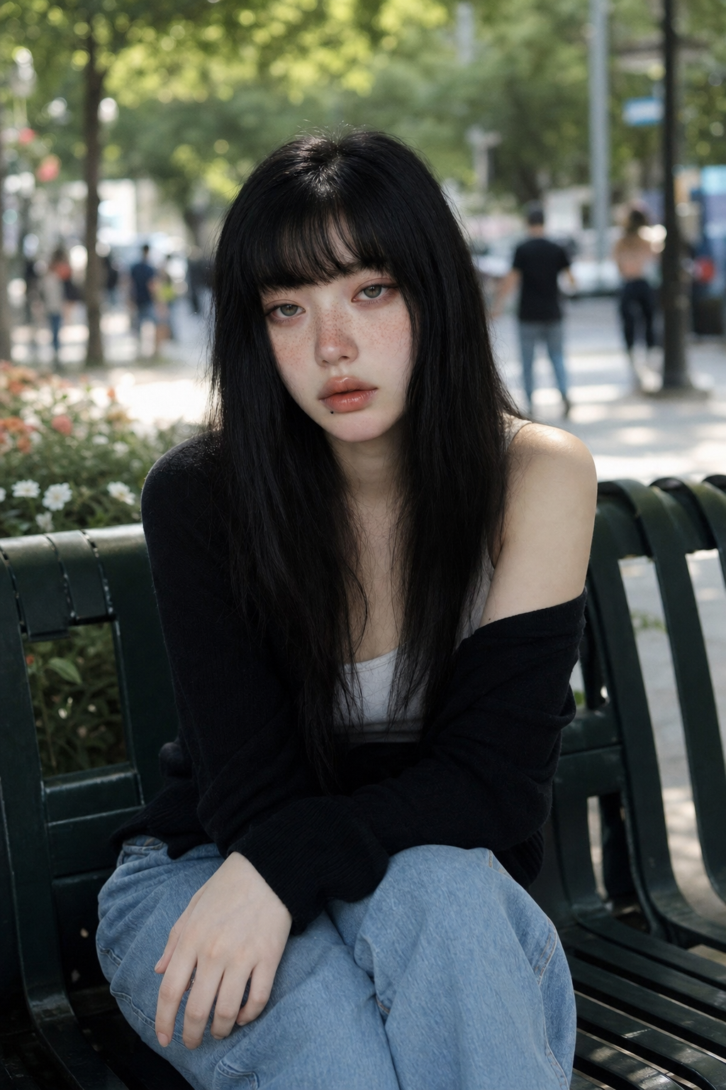 검은 긴 머리에 앞머리를 내린 여성이 공원 벤치에 앉아 카메라를 바라보는 자연광 스트리트 셀피