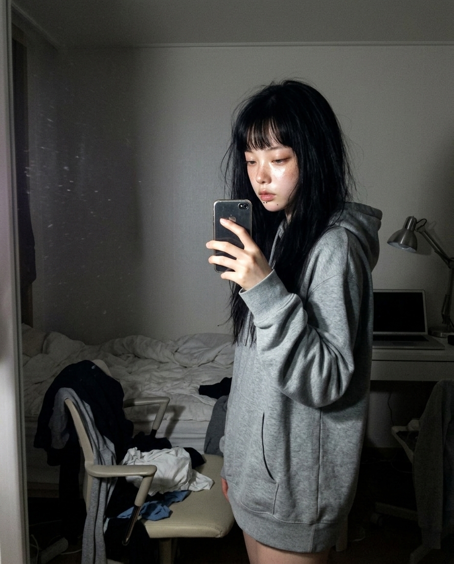 어두운 방 책상 스탠드 아래 노트북 옆에서 턱을 괸 창백한 피부 주근깨의 졸린 눈 여성 셀피
