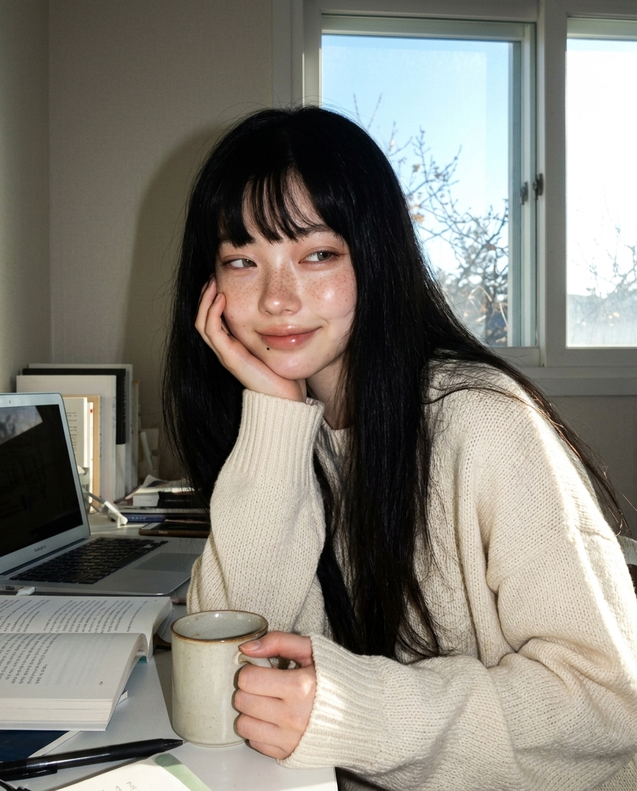 창가 책상에 앉아 오전 햇살을 받으며 노트북 옆에서 창밖을 보다 카메라로 시선을 돌린, 크림색 니트 차림의 창백한 주근깨 피부에 졸린 눈의 여성