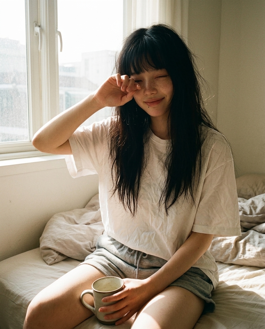 창가 아침 햇살 속에서 머그컵 두 손으로 쥐고 반쯤 감은 눈으로 앉아있는 새벽